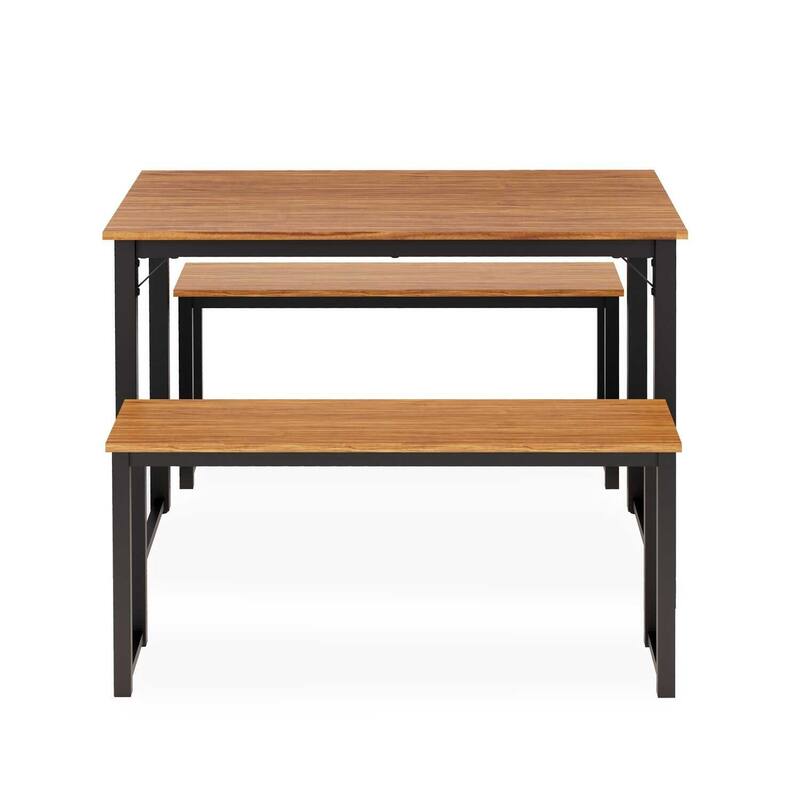 HomeStock 3-Piece Solid Wood Laminate Top Black and Brown Finish Dining Set - 1 Dining Table and 2 Benches in Powder Coating
