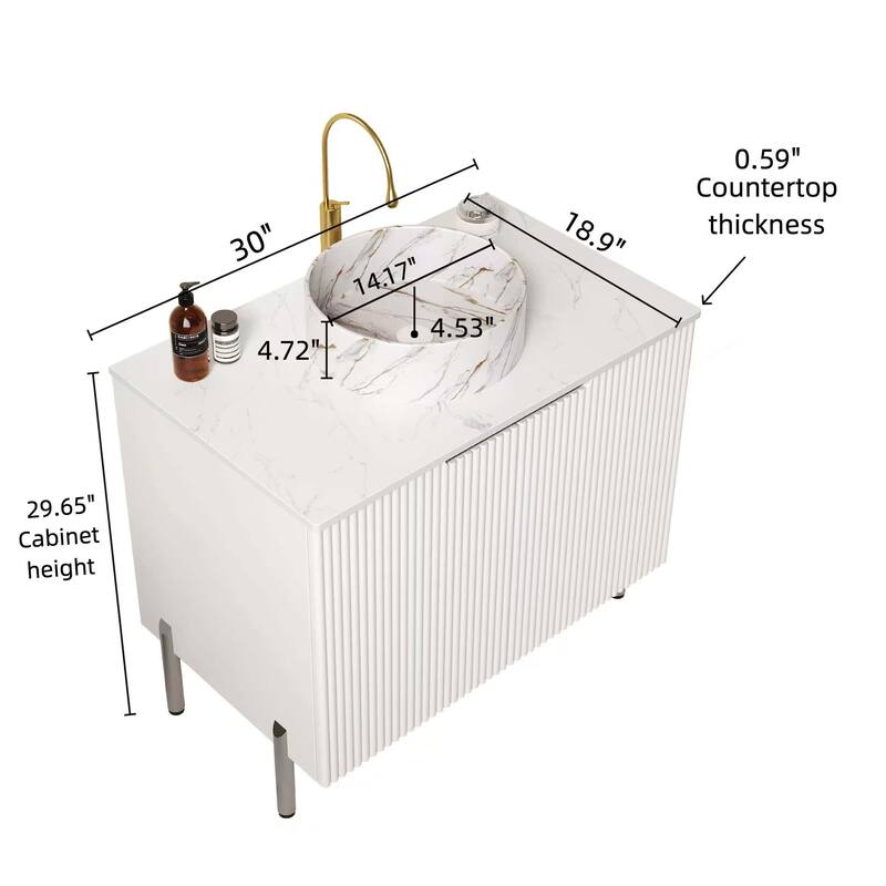 30" Bathroom Vanity with Sink, Freestanding Bathroom Storage Cabinet with 2 Doors, White Round Ceramic Basin with Stone Pattern