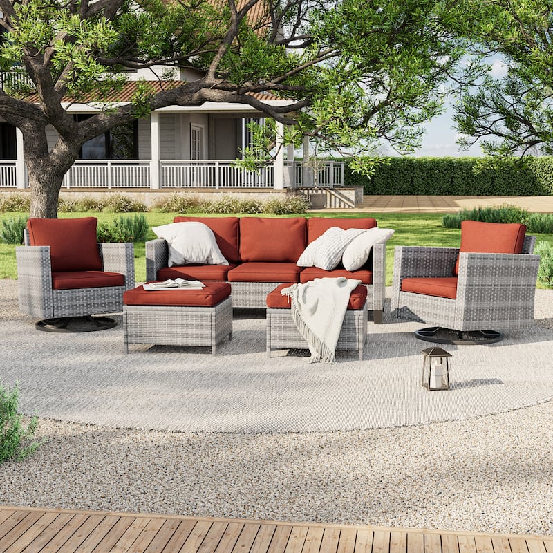 LIVOOSUN 5Pcs Patio Gray Rattan Outdoor Furniture Swivel Rocking Sofa Set