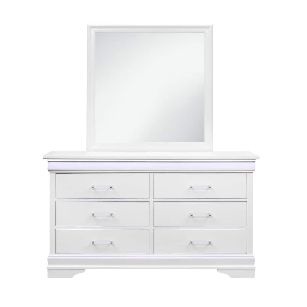 HomeRoots 59" White Solid Wood Six Drawer Double Dresser with LED