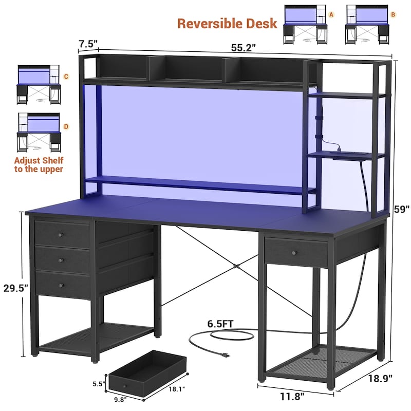 Gaming Desk with Hutch and Drawers, Office Computer Desk with Charge Station and LED Light