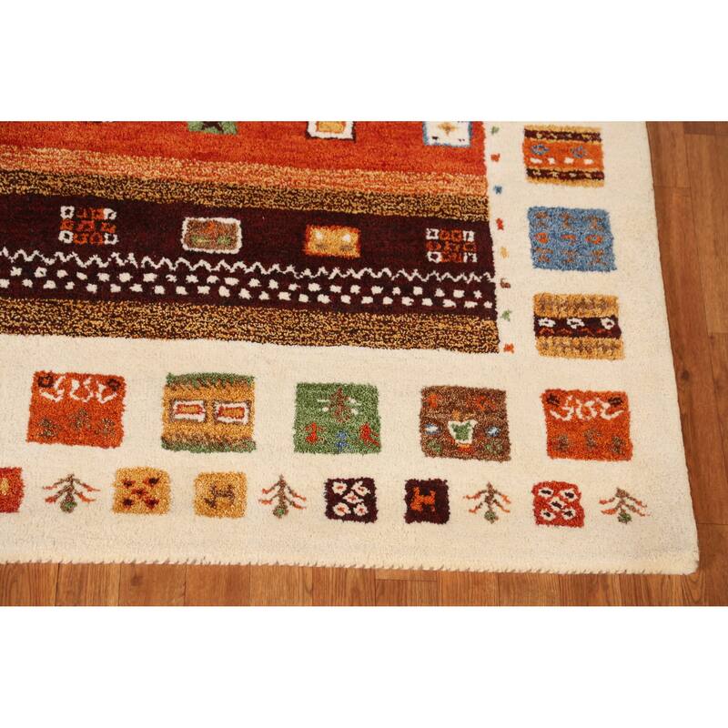 Tribal Geometric Gabbeh Indian Area Rug Orange Handmade Wool Carpet - 5'3" x 7'7"