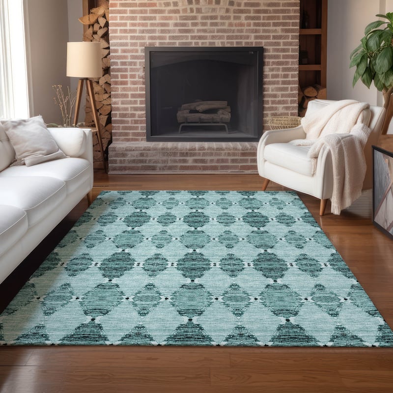 Machine Washable Indoor/ Outdoor Chantille Modern Boho Damask Rug - Teal - 10' x 14'