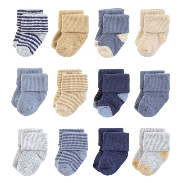 slide 1 of 1, Hudson Baby Infant Boy Cotton Rich Newborn and Terry Socks, Blue Brown Stripes 0-6 Months - Blue Brown Stripes