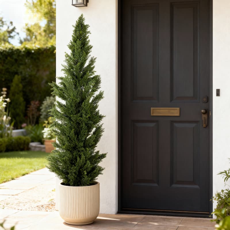 6FT Artificial Cypress Tree UV Resistant, Realistic Indoor Outdoor Fake Topiary Plant, Garden or Entryway Decoration, 1pc/set - Green Leaves