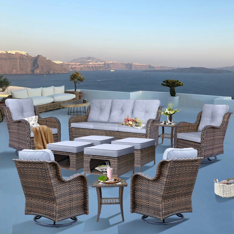 11 Piece Rattan Wicker Outdoor Patio Furniture with Swivel Chairs Set