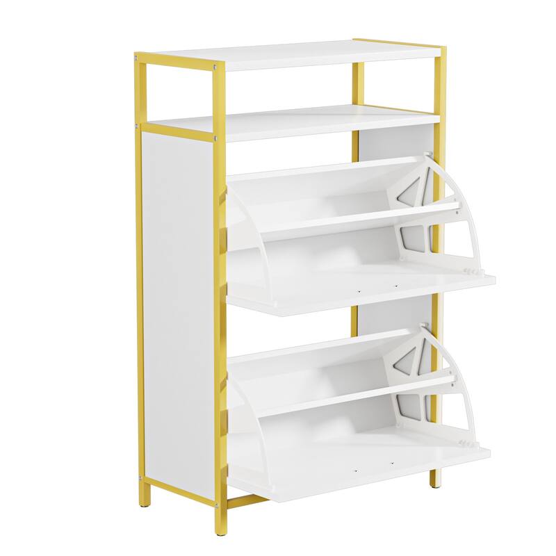 VECELO White and Gold Shoe Storage Cabinet with 2 Flip Drawers & Open Shelf Entryway Organizer for Hallway and Living Room
