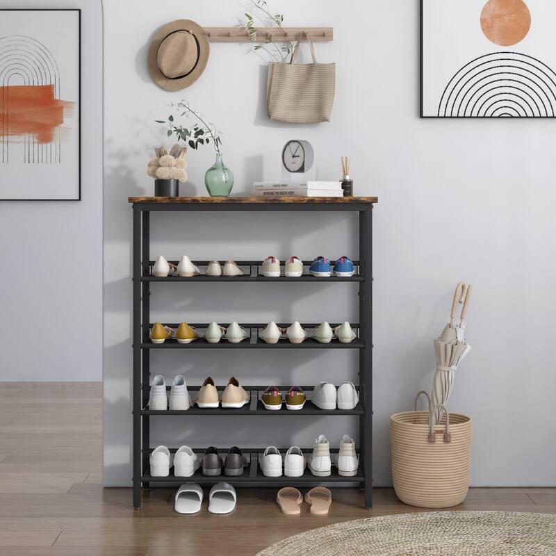 Adjustable 5-layer Shoe Rack with 4 Mesh Shelves - Black