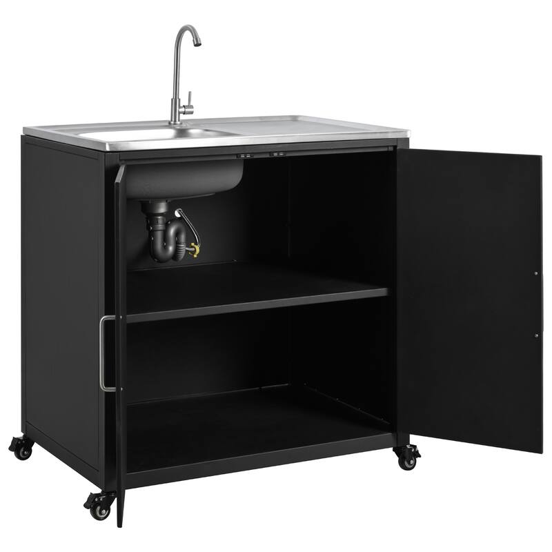 Roomfitters Outdoor Modular Kitchen Sink Station with Movable Cabinet for Patio Garden, Matte Black