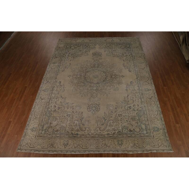 Geometric Tabriz Persian Vintage Rug Bedroom Handmade Wool Carpet - 9'6" x 12'7"