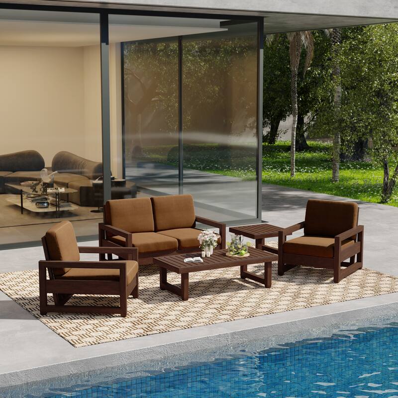 5-Piece Teak Wood Outdoor Patio Conversation Set with Cushion