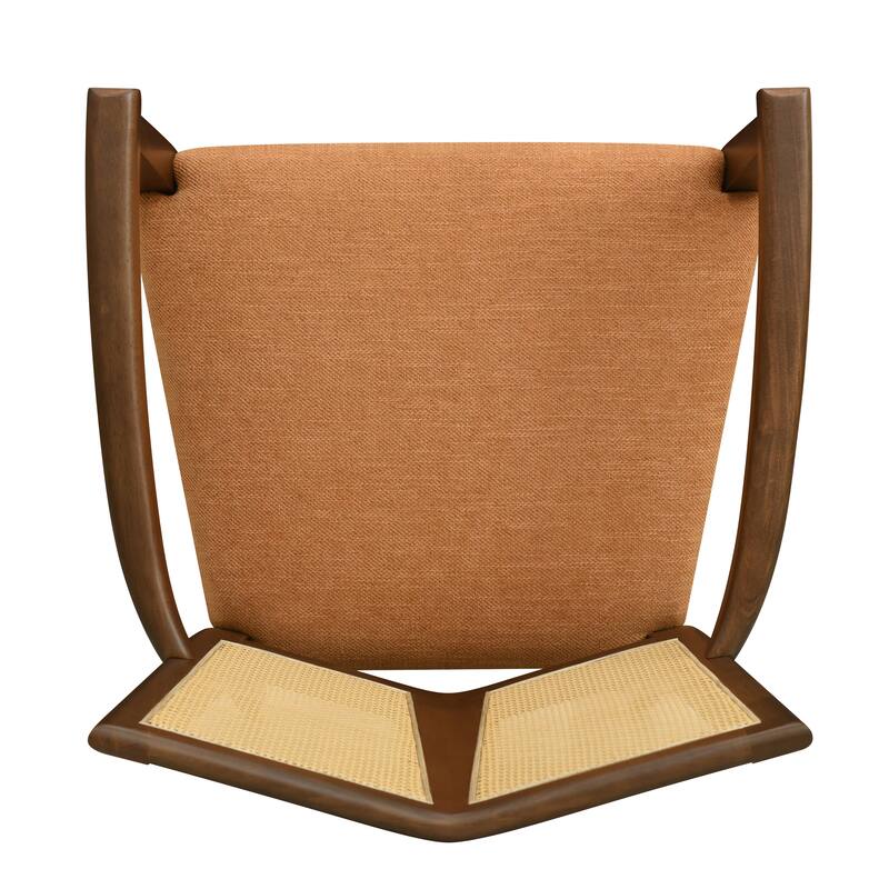 Set of 2 Modern Wooden Arm Dining Chairs with Rattan Backrest, Upholstered Fabric Seat, Rubberwood Frame