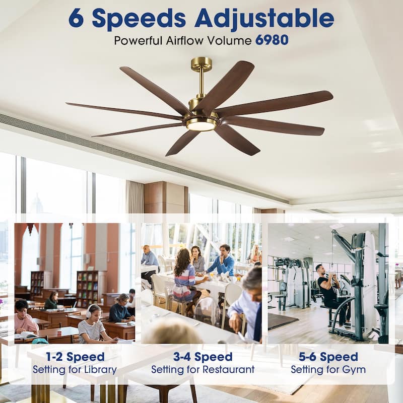 72" Gold Transitional Walnut 8 ABS Blades Propeller Ceiling Fan with Dimmable LED Light and Remote Control, DC Motor