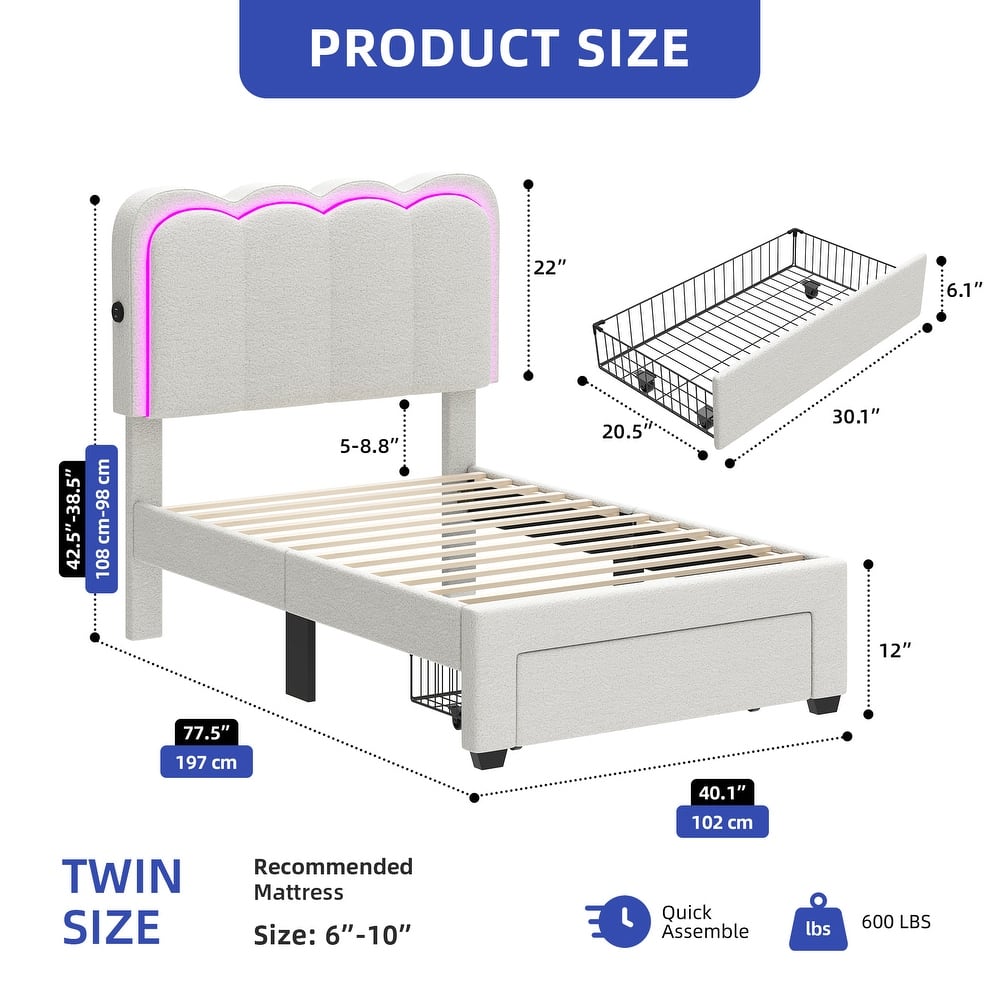 Moasis Lamb Wool Bed Frame with 2 Drawer, Adjustable Headboard with Charging Station and LED Lights