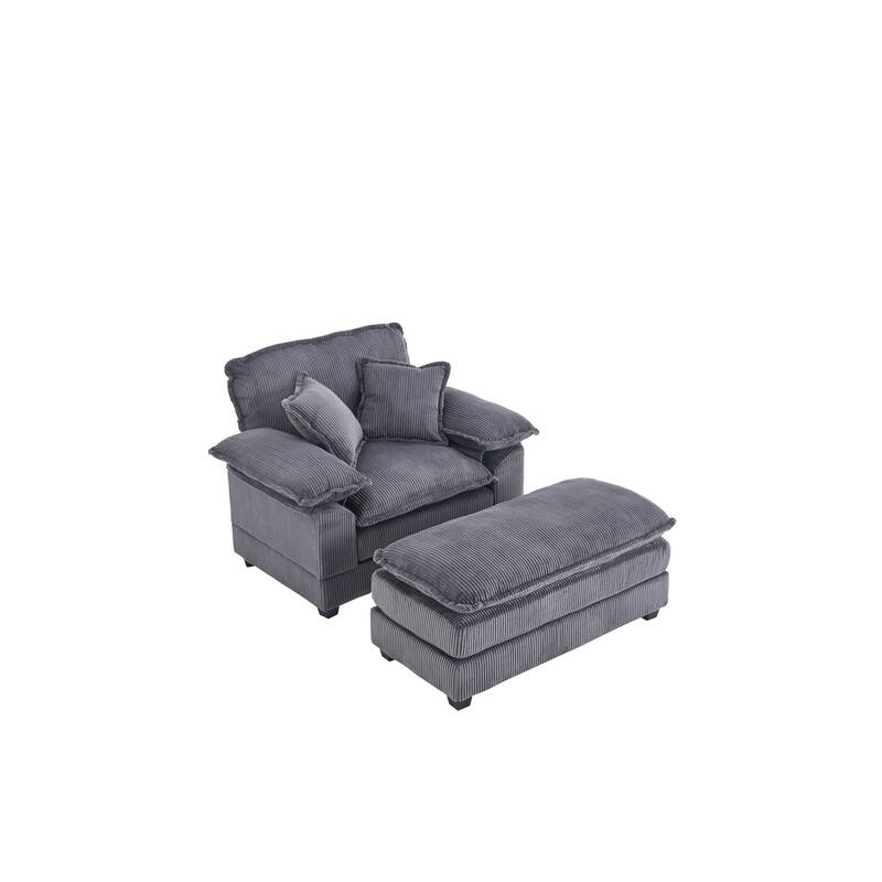 Corduroy Single Sofa Sets with Ottoman and 2 Toss Pillows, Deep Seat Design