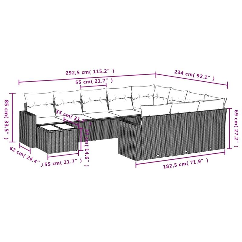 vidaXL 11 Piece Patio Sofa Set with Cushions Black Poly Rattan - 24.4" x 24.4" x 27.2"
