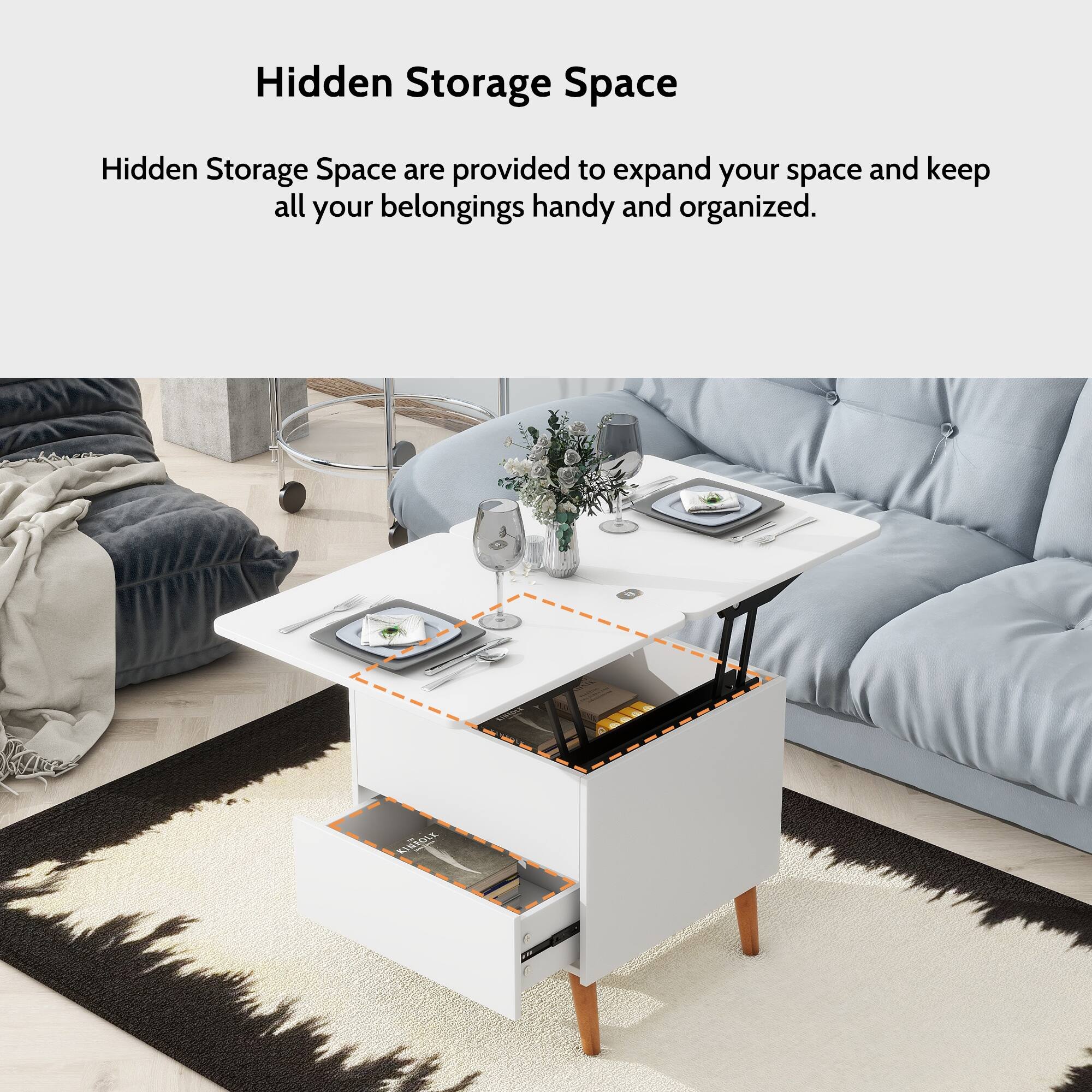 Modern Multifunctional Coffee Table Extendable with Storage & Lift Top