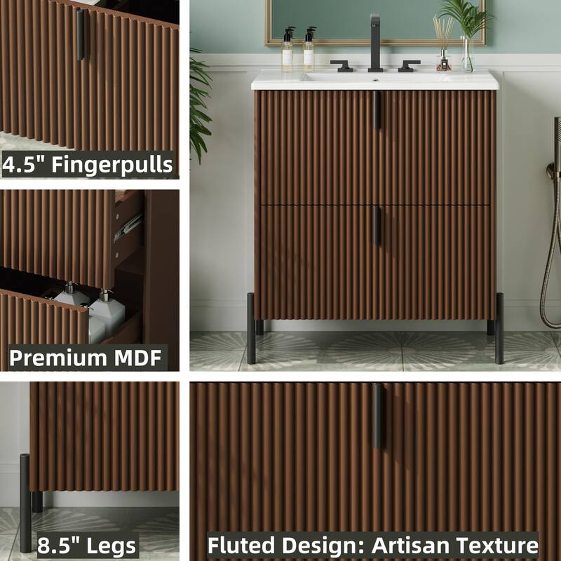 30" Bathroom Vanity with Ceramic Sink, Fluted Design, Full-Extension Drawers, Soft Close Drawer Slides