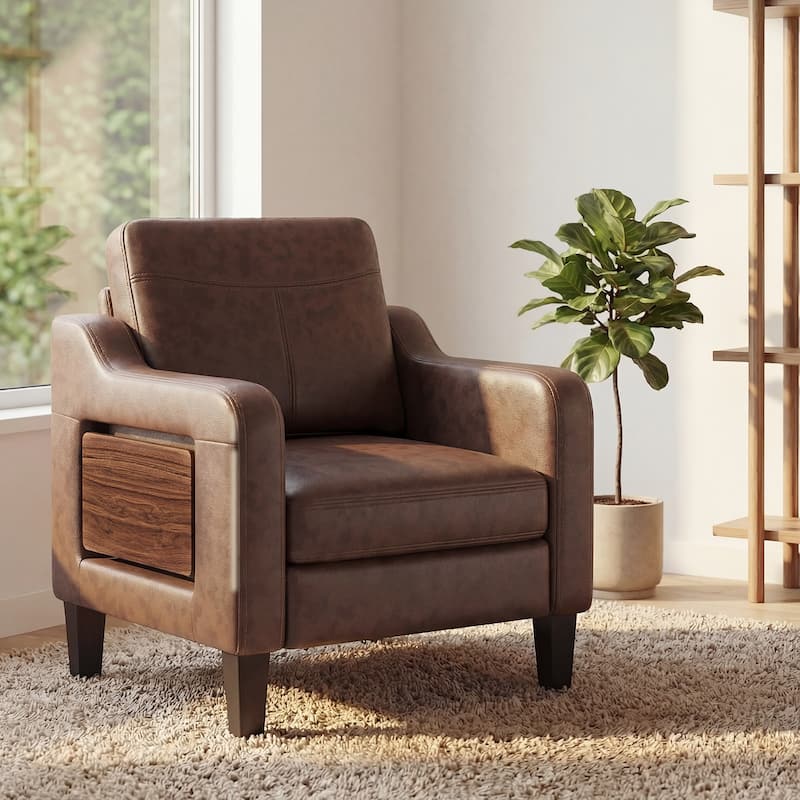 Modern Accent Chair with Wooden Armrest Comfortable Single Sofa Armchair for Living Room Bedroom Reading