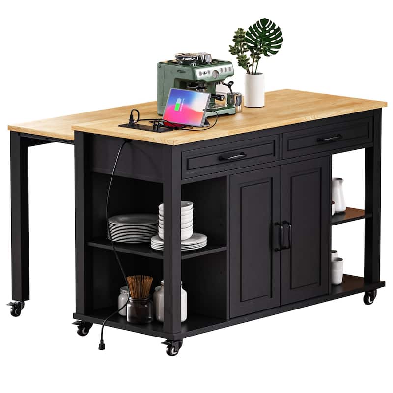 Modern Kitchen Island with Retractable Dining Table, Interior Storage Shelf, Power Socket, 2 Drawers and 2 Cabinets, for Kitchen