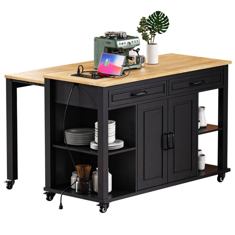 Roomfitters 47" Kitchen Island with Slide-Out Dining Table, Mobile Cart with Built-in Outlets, Internal Racks, Black