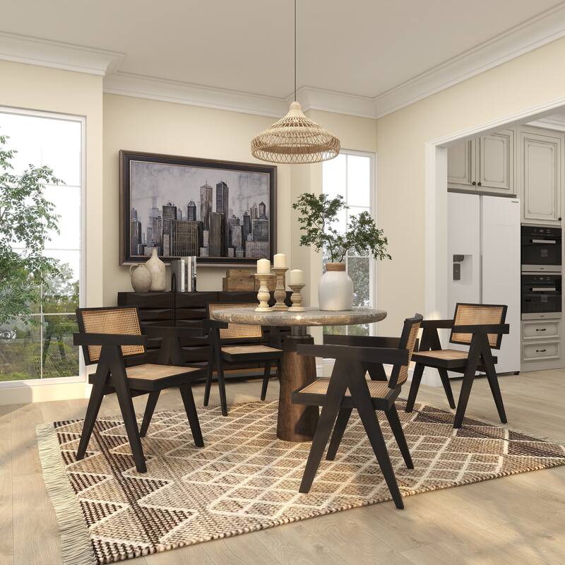 Teak Wood Living Room Accent Chair with Leather or Woven Cane Seat