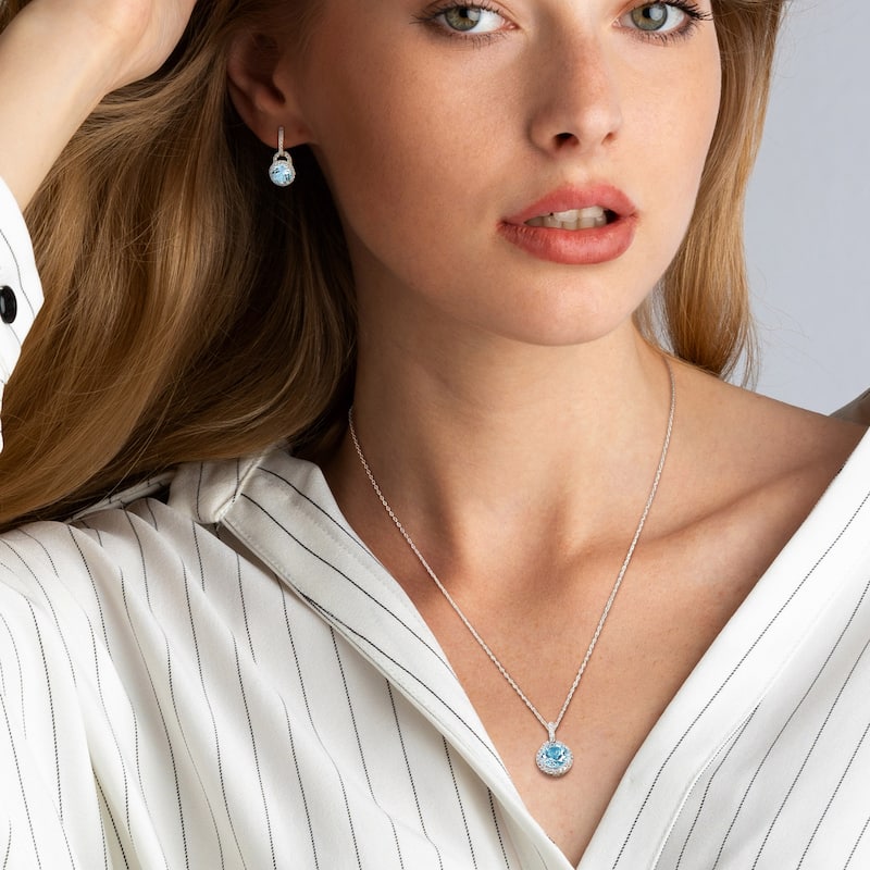 Miadora Sky Blue Topaz and White Topaz Two Piece Halo Necklace and Earrings Set in Sterling Silver