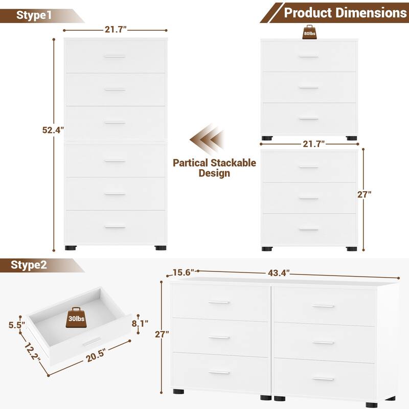 2-Pack Dressers with 6 Storage Drawers, Closet Organizers for Bedroom and Walk-in Closet