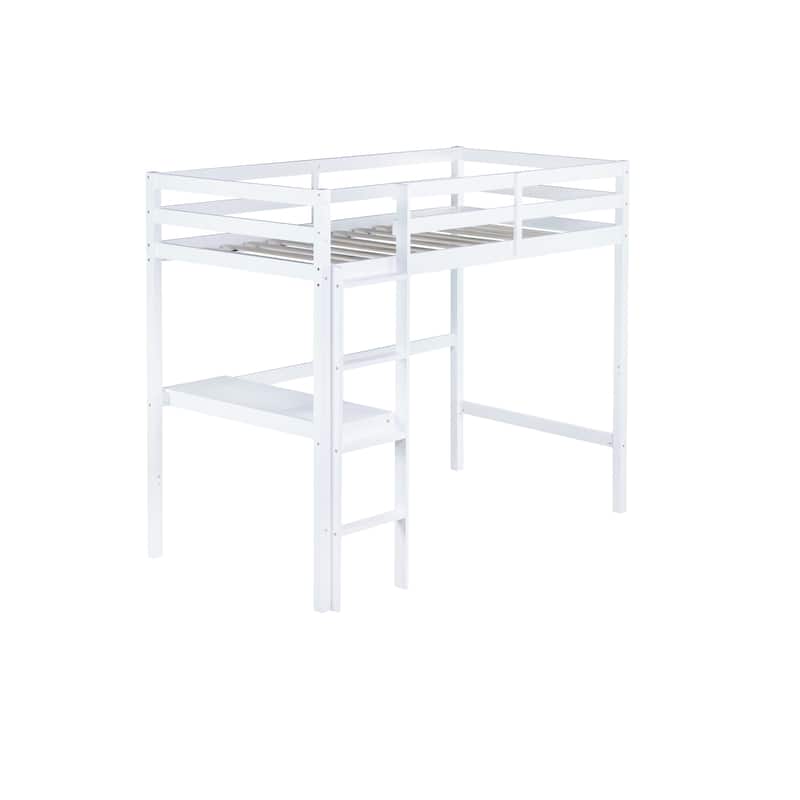 Twin High Loft Bed with Built-in Desk, Safety Guardrail, and Ladder, White