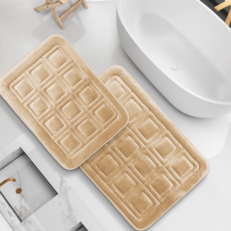 Clara Clark Ultra Soft Non Slip and Absorbent Bath Rug - Waffled Velvet Memory Foam Bath Mat - Small-Large (2PK) - Beige Cream