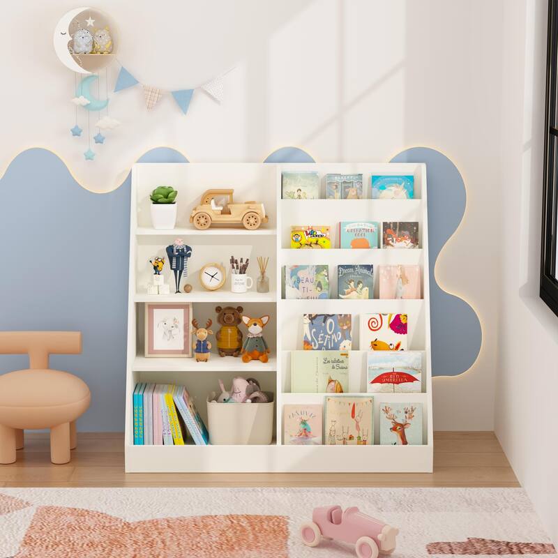 Anmytek Kids Bookcase Large Capacity Trapezoid Bookshelf Eco Friendly Wood Toy Storage Organizer Cabinet