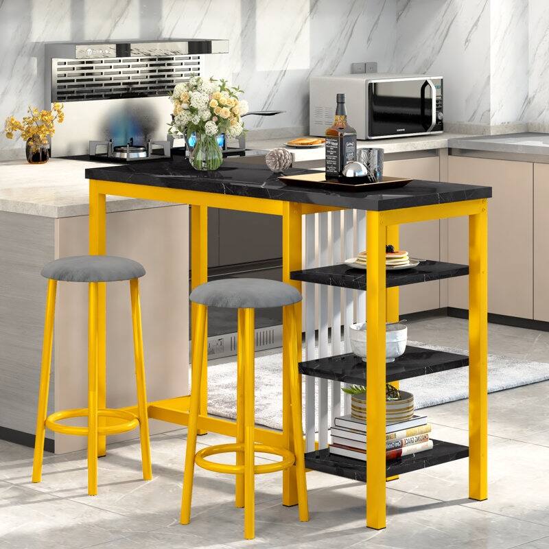 Bar Table Set with Storage Shelves, Faux Marble Breakfast Table with 2 Velvet Stools for Kitchen/Dinning Room/Living Room/Studio