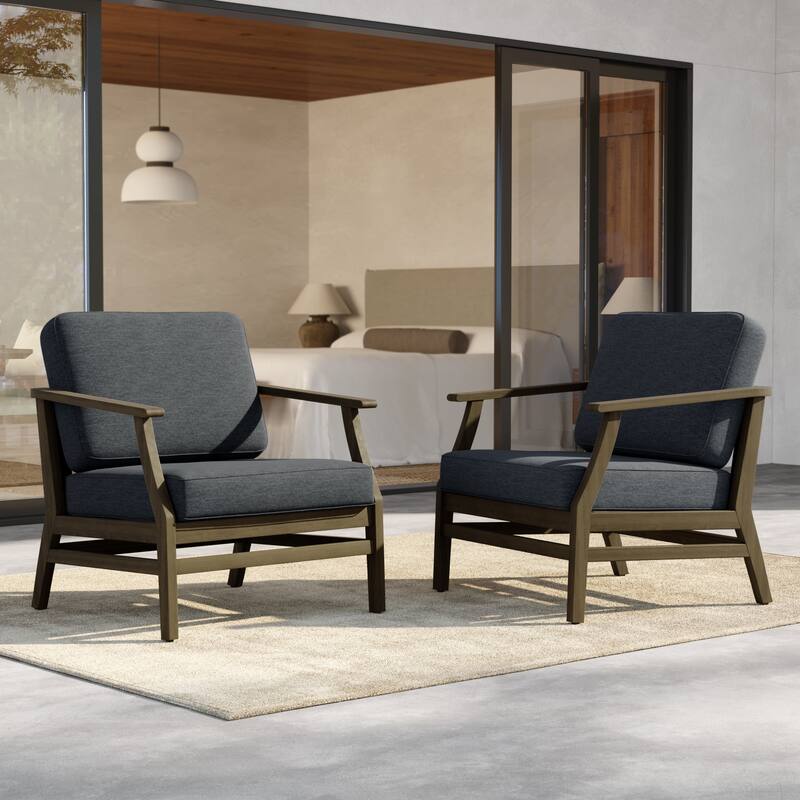 Outdoor Teak Wood Club Chairs with Cushions (Set of 2) - NaturalFrame-Dark Grey