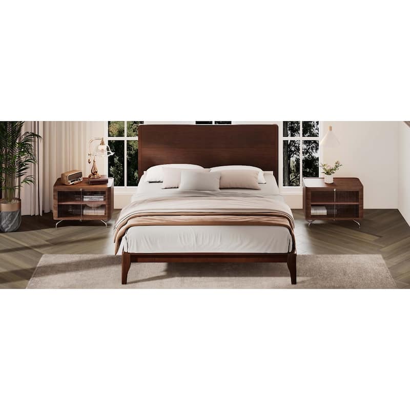 Mid-Century Modern Bamboo Wood Platform Bed