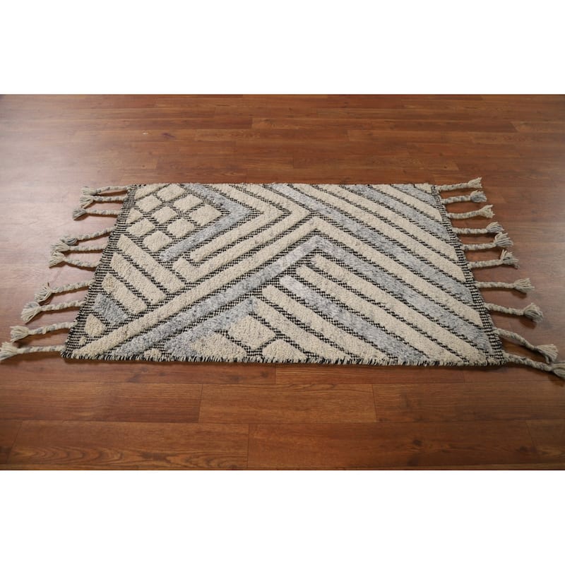 Geometric Moroccan Indian Rug Hand-Knotted Wool Carpet - 2'0"x 3'0"