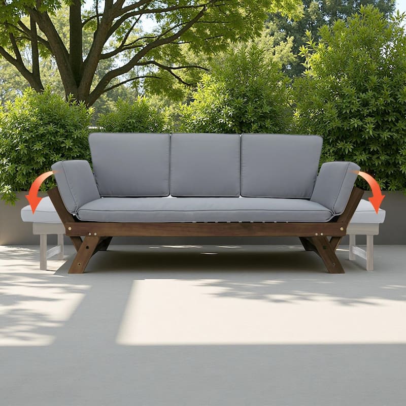 Outdoor Patio Solid Wood Daybed Sofa with Adjustable Armrests - Gray