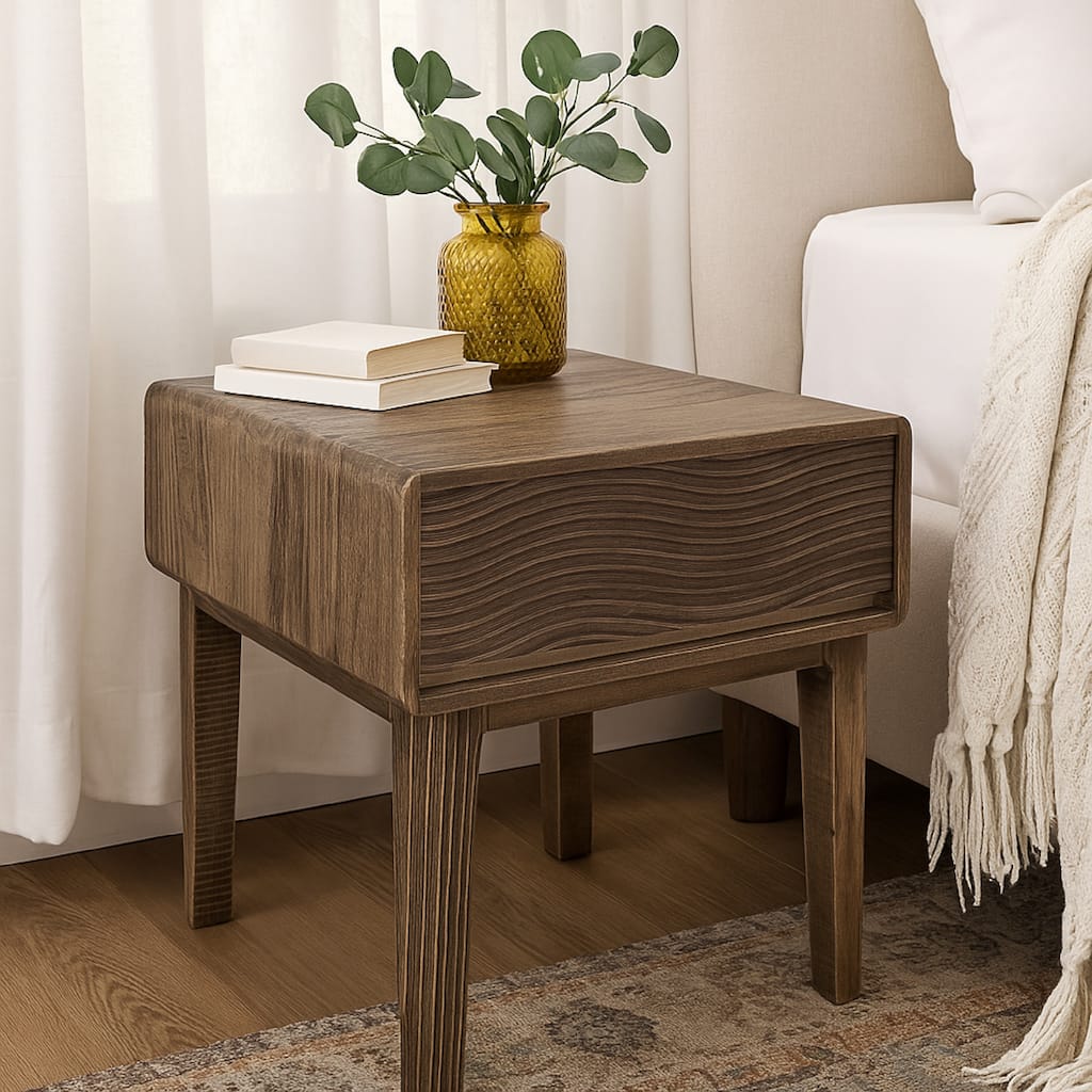 Oly Side End Table, 1 Drawer, Rustic Natural Brown Melina Wood 23 Inch