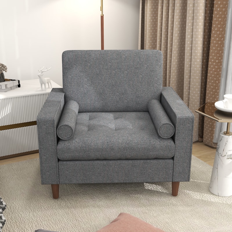 Tufted Upholstery Club Armchair With Bolster Pillows - Grey