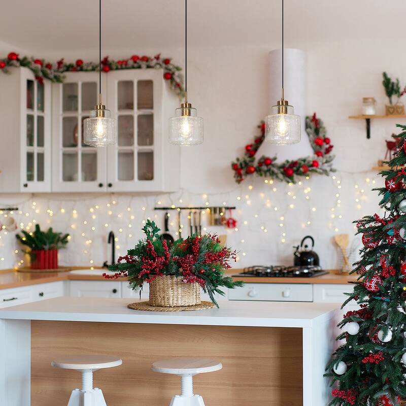 Yarge Modern Farmhouse Drum Wire Kitchen Bathroom Pendant with Art Glass Shade