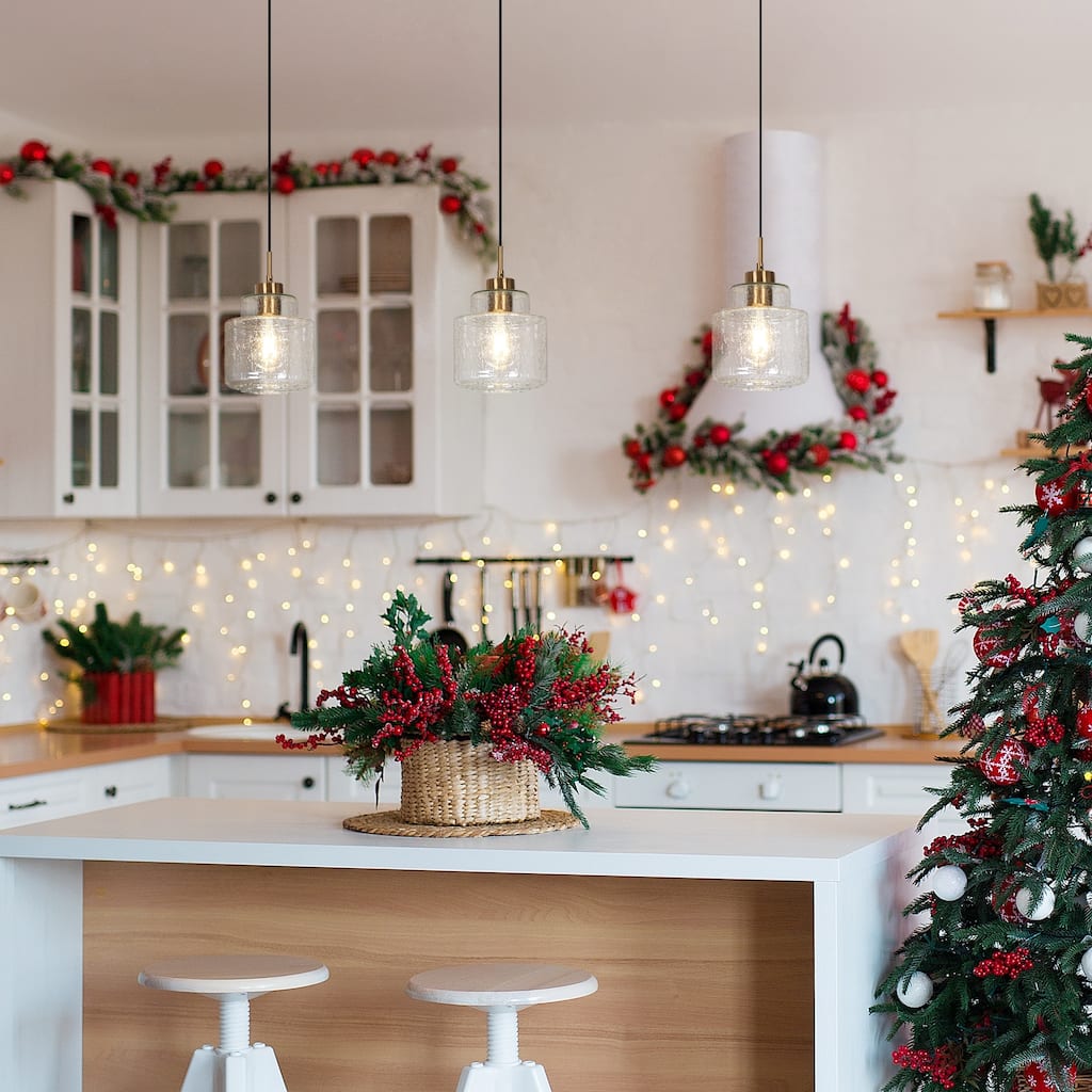 Yarge Modern Farmhouse Drum Wire Kitchen Bathroom Pendant with Art Glass Shade