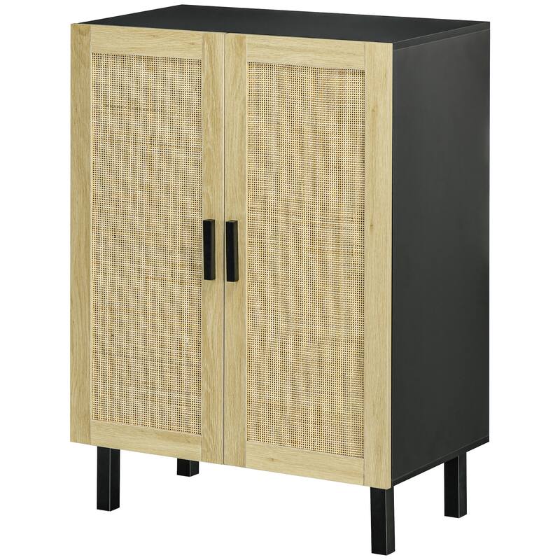 Sideboard Buffet Cabinet with 2-Rattan Doors, Adjustable Shelves, Boho Kitchen Storage Cabinet for Living Room, Black & Natural