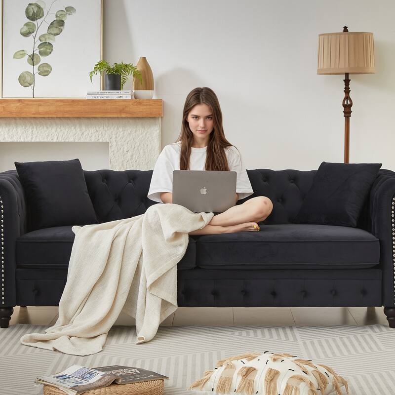 Velvet Chesterfield 3 Seater Sofa, Oversized Button Tufted Upholstered Sofa, Deep Seat Sofa with Rolled Arms & Nailhead Trim - Black