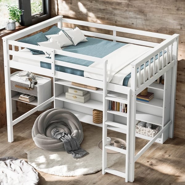 slide 2 of 28, Modern Twin Size Loft Bed With 8 Open Storage Shelves and Built-in Ladder for Bedroom White
