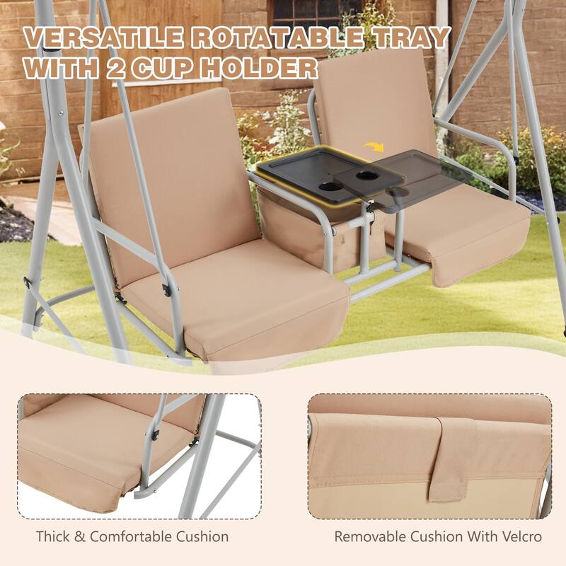 Outdoor Swing with Stand, Canopy, Pivot Table & 2 Cup Holders - Patio, Balcony, Bedroom