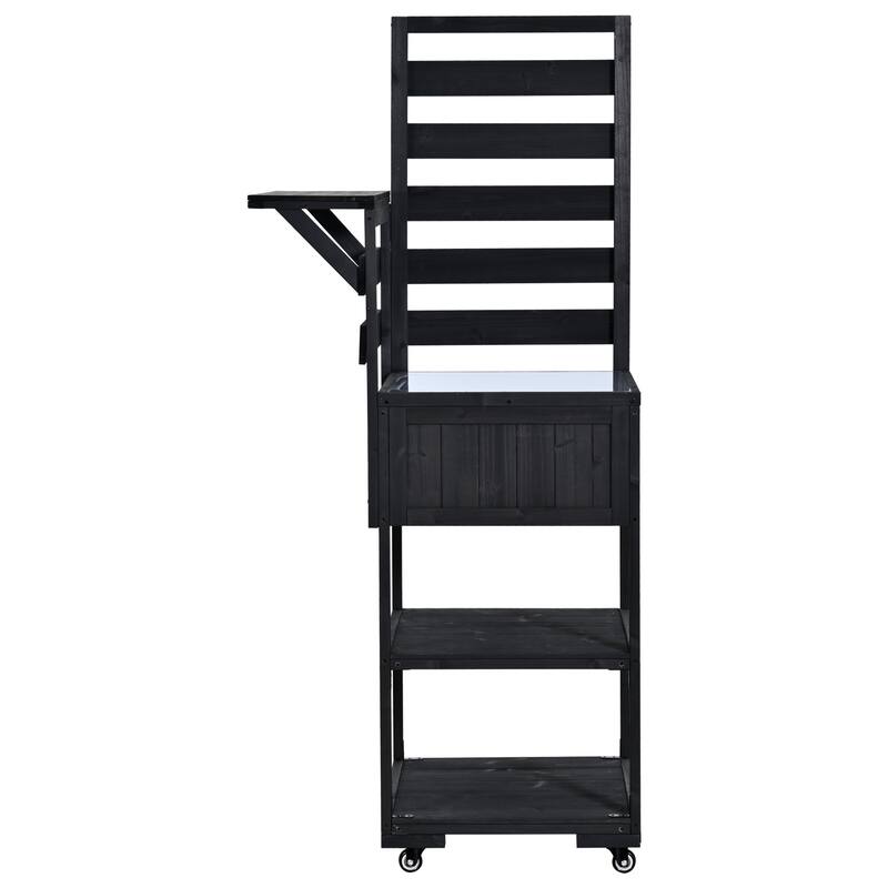 Solid Wood 62.3'' Patio Kitchen Island Kitchen Cart with Stainless Table Top, Garden Potting Bench with Raised Shelf and Drawers