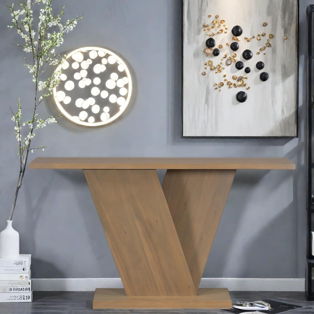 59.8" MDF Console Table With Natural Wood Veneer with V-Shaped Base for Living Room