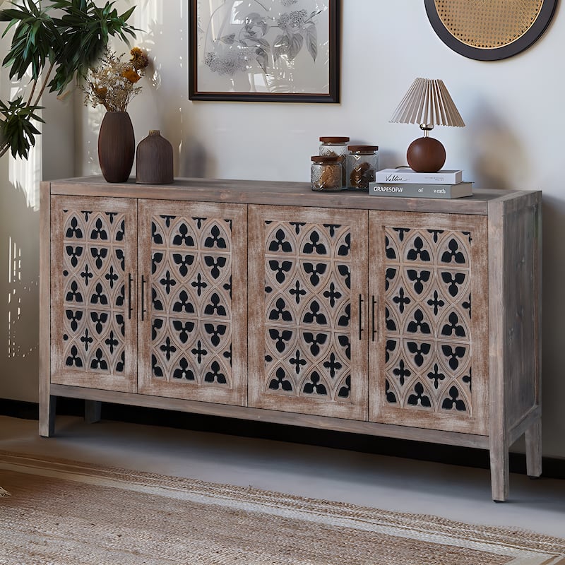 Antique Carved Door Storage Cabinet With Adjustable Shelves