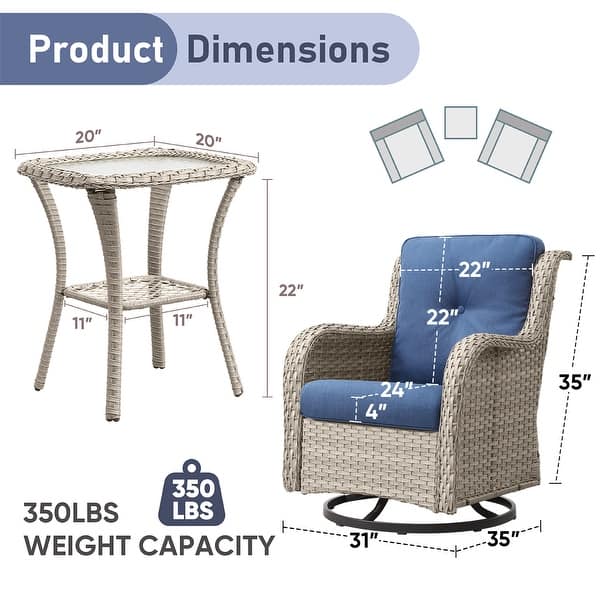 dimension image slide 8 of 9, Pocassy 3-Piece Outdoor Swivel Bistro Set, Wicker Rocking Chairs