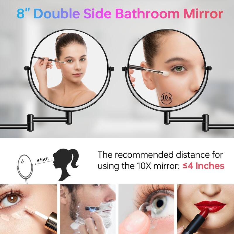 8 inch Wall Mounted Round Frame Makeup Mirror, 1X/10X Magnifying, Height Adjustable