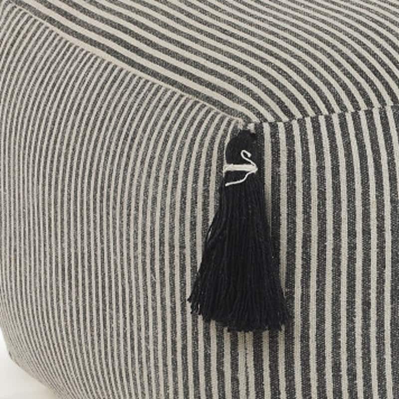 18 Inch Grey Striped Pouf Ottoman Cotton Upholstered Floor Accent